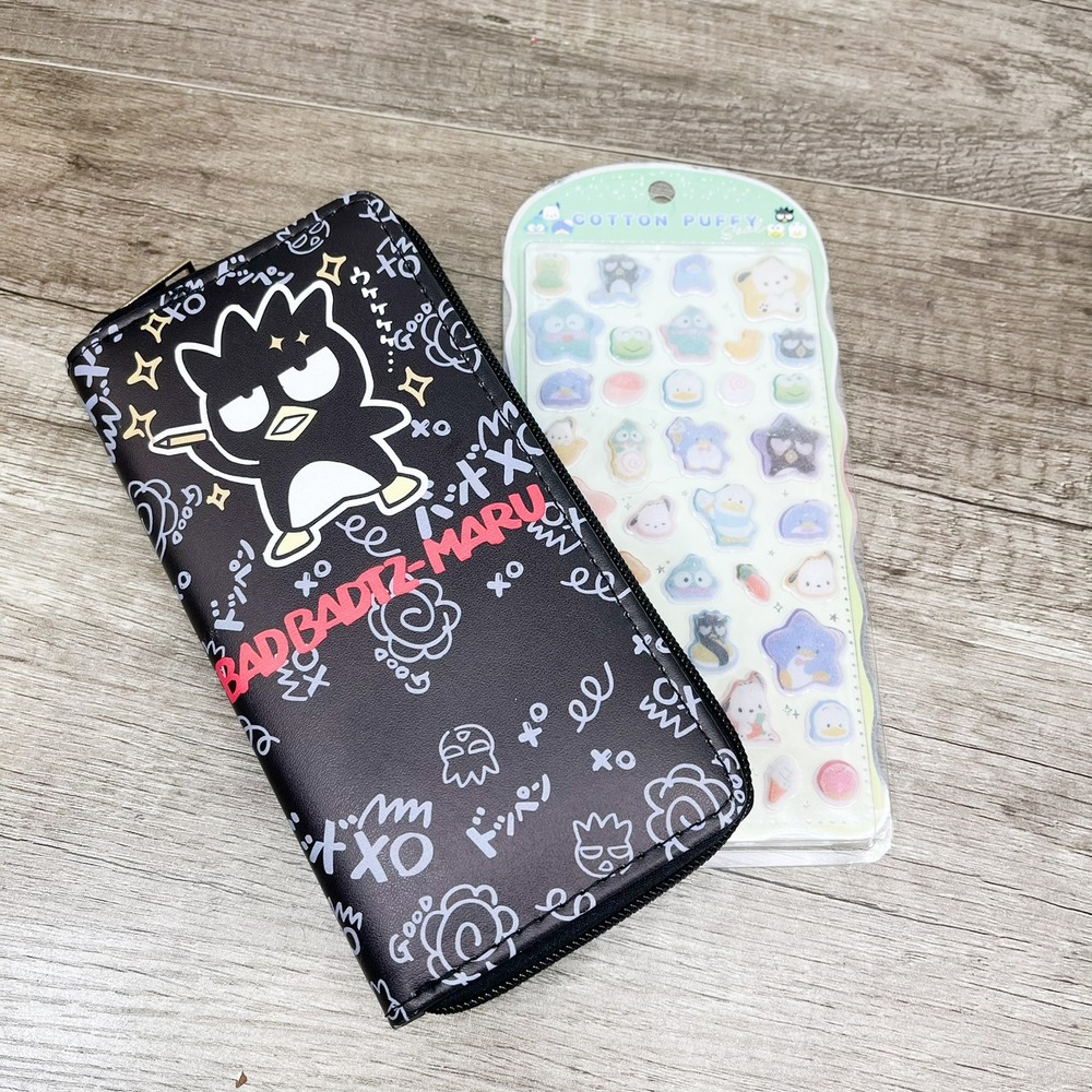 Sanrio Badtz-Maru Zip Around Wallet Black Doodle Print with Puffy Stickers Set